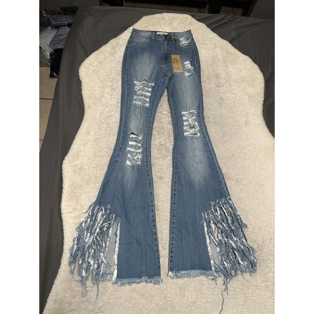 Aphrodite Women's Blue Distressed Flared Denim Jeans Size 5 27 Pants Y2K Grunge